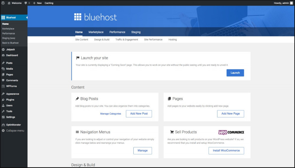 Bluehost customer dashboard