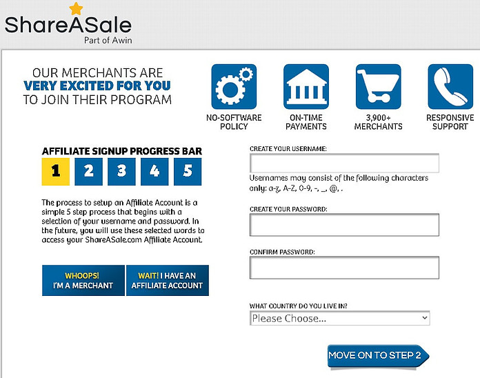 ShareaSale Affiliate marketing sign up page