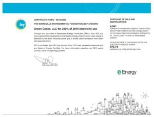 Renewable enrgy certificate for Green Geek hosting