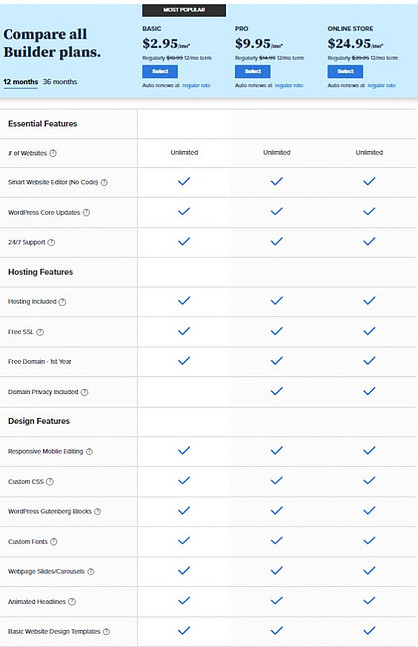 Features of the plans for Bluehost website builder templates