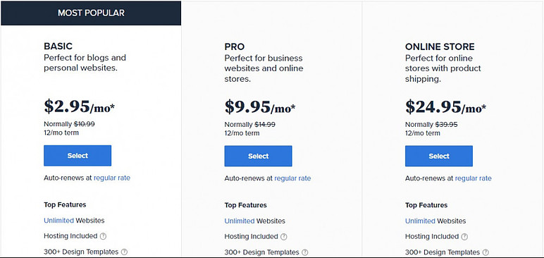 Pricing and plans for Bluehost website builder templates